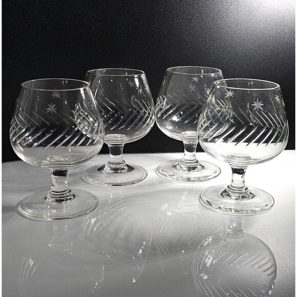 4 Etched Stars & Bars Brandy Glasses 3.5" small MCM slashes star 2-3oz liquor - Picture 2 of 5
